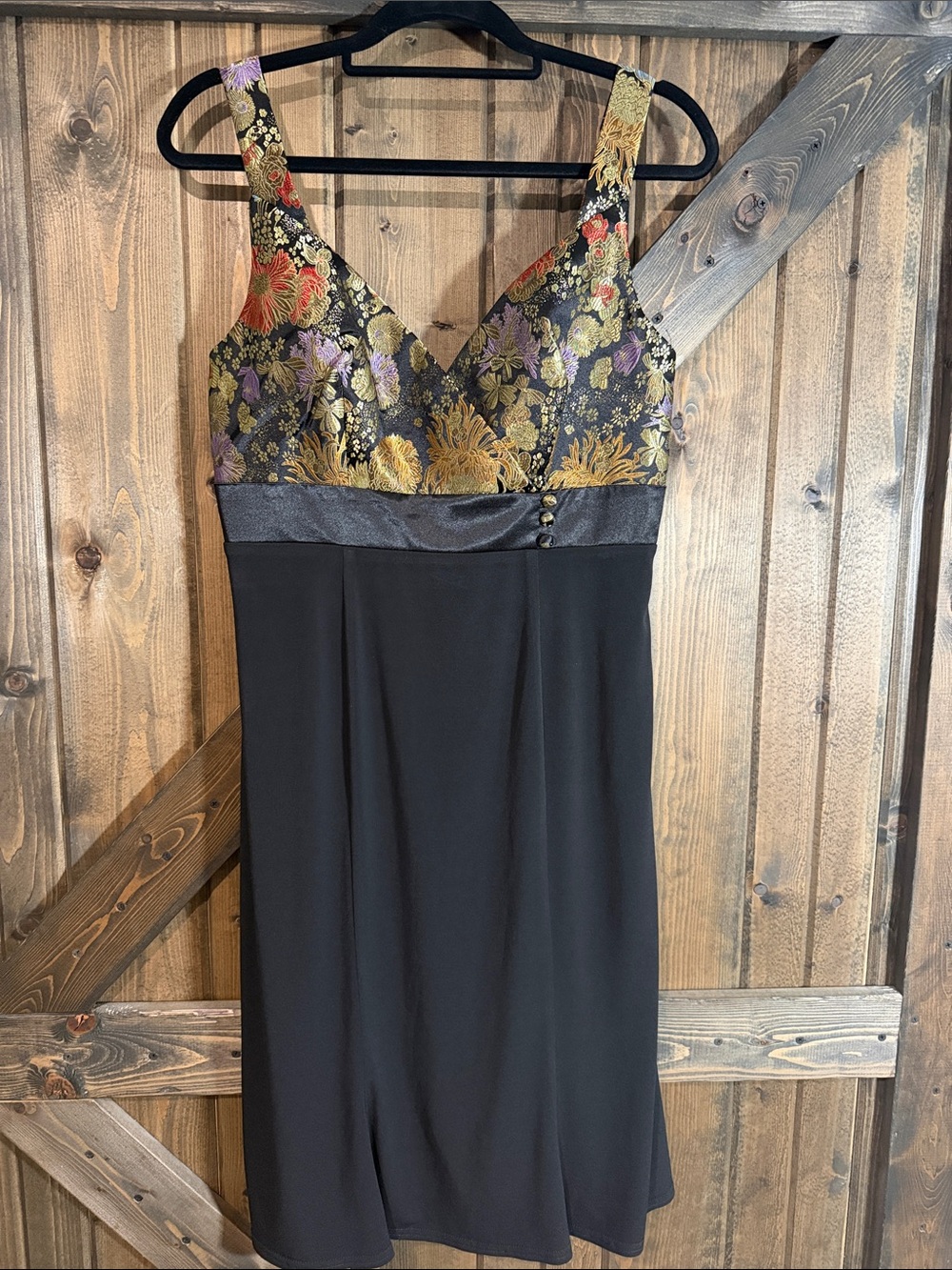 Black Midi Dress with Gold and Purple Floral Brocade Bodice